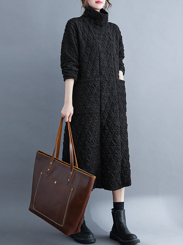 xakxx Casual Long Sleeves Loose Solid Color Textured High-Neck Cotton Padded Midi Dresses