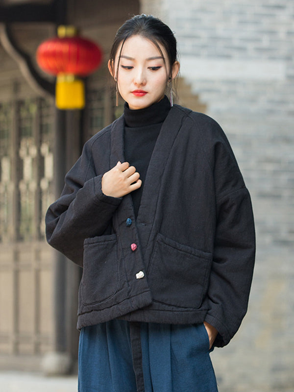 xakxx Vintage Loose Long Sleeves Keep Warm V-Neck Padded Coat