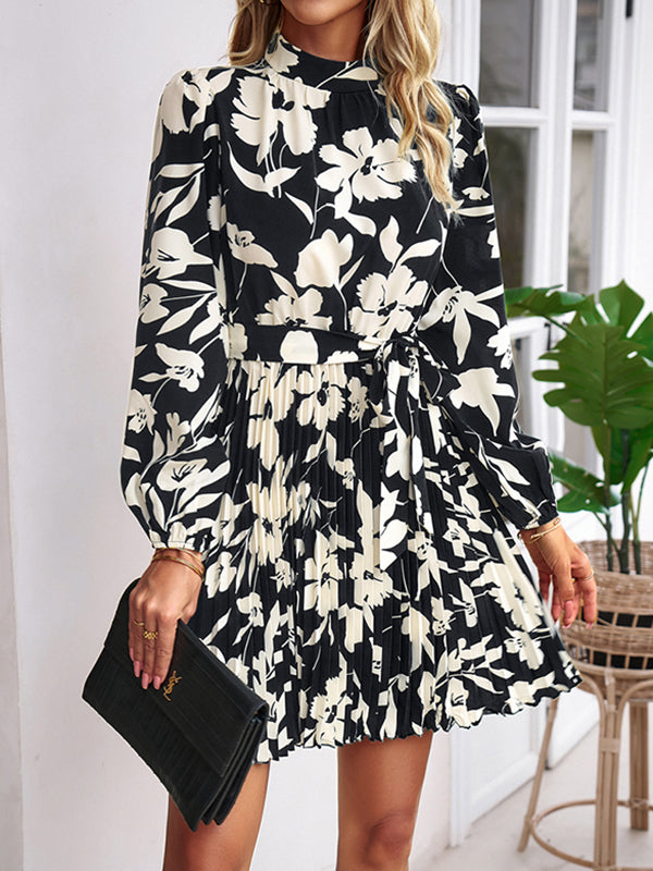 xakxx High Waisted Long Sleeves Flower Print Pleated Tied Waist Mock Neck Mini Dresses