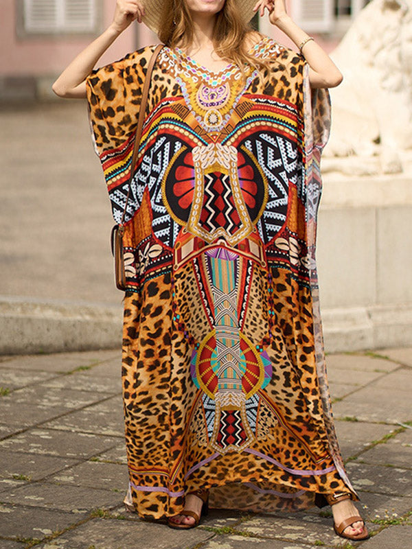 xakxx Batwing Sleeves Loose Leopard Printed Split-Side V-Neck Beach Cover-Up Maxi Dresses