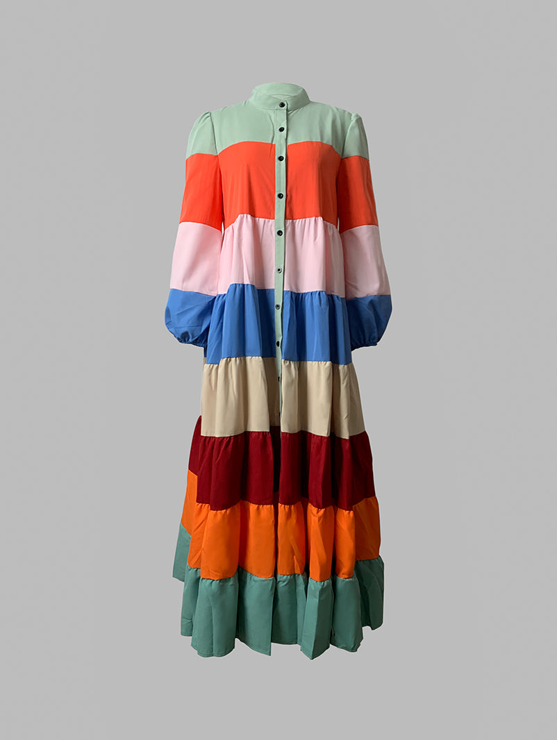 xakxx Long Sleeves Loose Buttoned Contrast Color Striped Stand Collar Maxi Dresses Outerwear