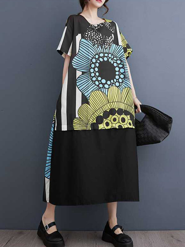xakxx A-Line Loose Flower Print Pockets Split-Joint Round-Neck Midi Dresses