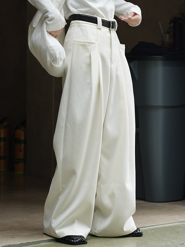 xakxx Loose Pleated Solid Color Wide Leg Pants Bottoms