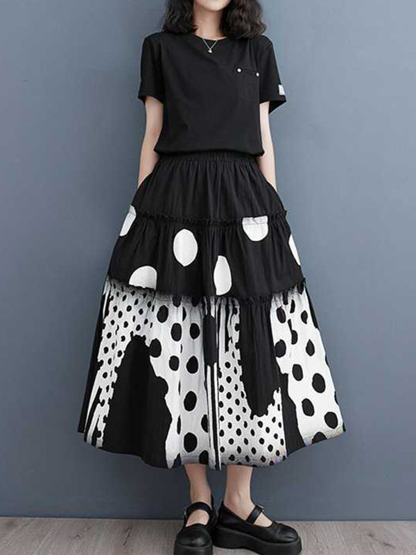 xakxx Loose Elasticity Pleated Pockets Polka Dot Printed Ruffled Split-Joint Skirts Bottoms