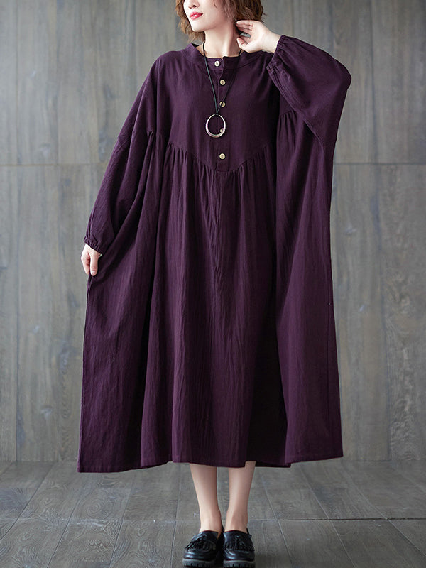 xakxx Loose Puff Sleeves Pleated Solid Color Stand Collar Midi Dresses
