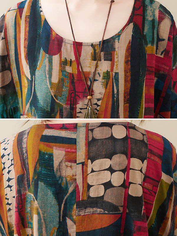 xakxx Vintage Loose Abstract Printed Pleated Round-Neck Half Sleeves Midi Dress