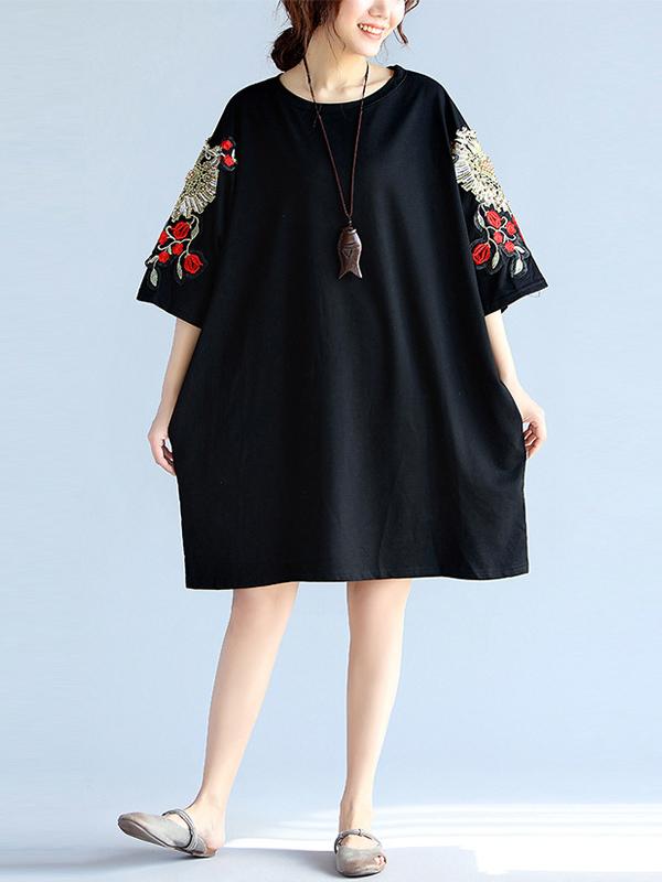 xakxx Loose Embroidery Black Midi Dresses