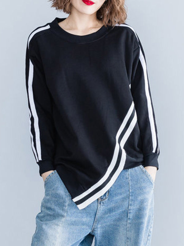 xakxx Cropped Long Sleeves Striped Round-Neck Hoodies&Sweatshirt