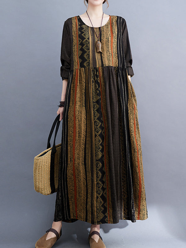 xakxx Vacation Loose Long Sleeves Contrast Color Printed Round-Neck Midi Dresses
