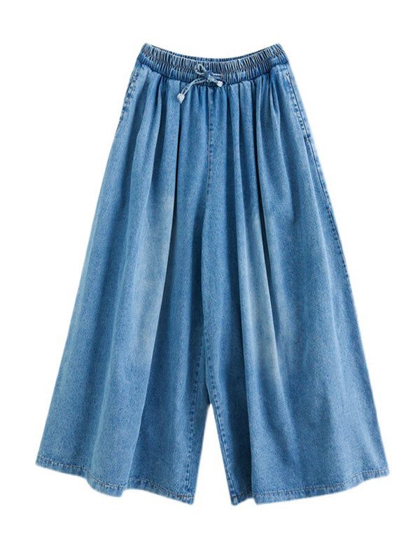 xakxx Simple Casual Loose Wide Leg Drawstring Jean Pants