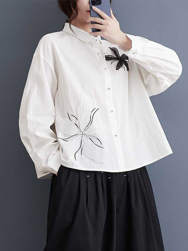 xakxx Long Sleeves Loose Applique Buttoned Embroidered Lapel Blouses&Shirts Tops