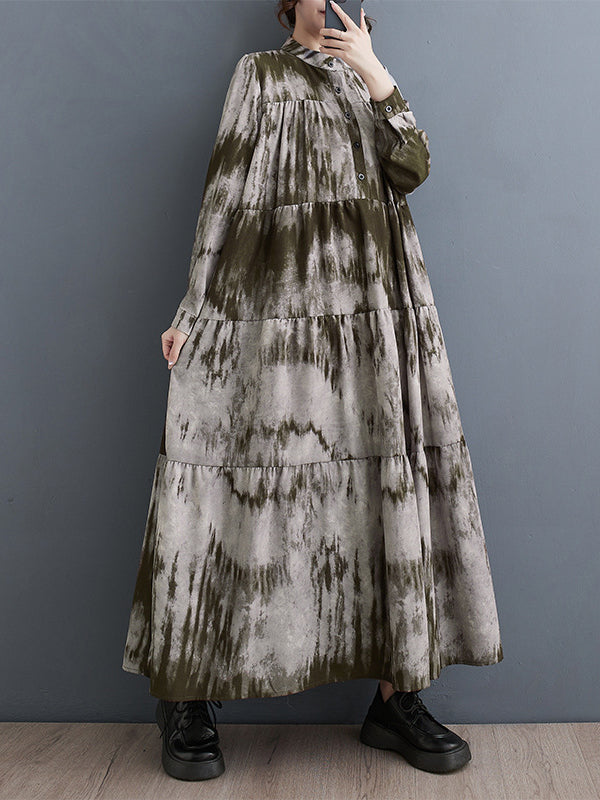 xakxx Long Sleeves Loose Pleated Split-Joint Tie-Dyed Stand Collar Midi Dresses
