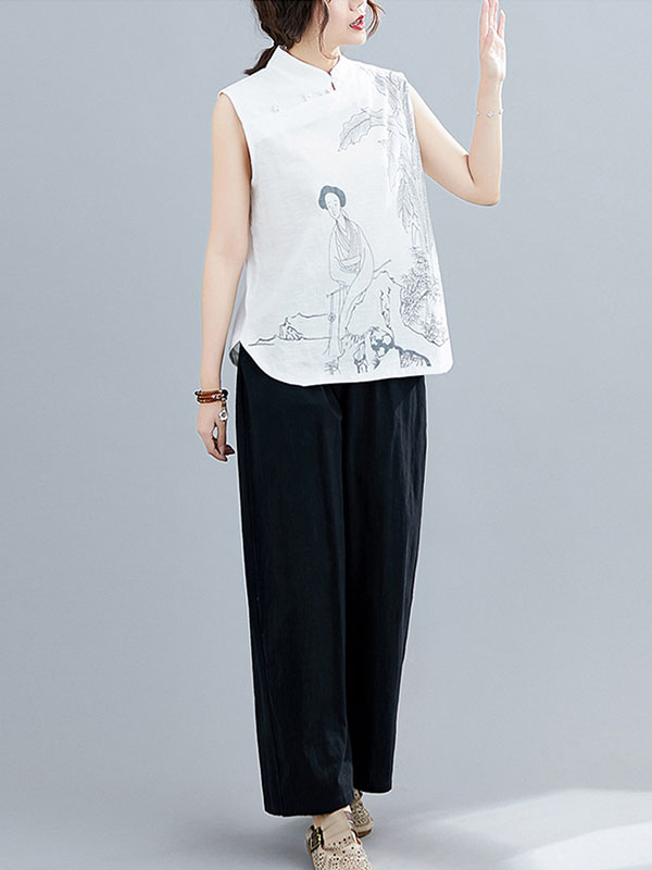 xakxx Artistic Retro Chinese-Style Printed Buttoned Stand Collar Sleeveless Vest