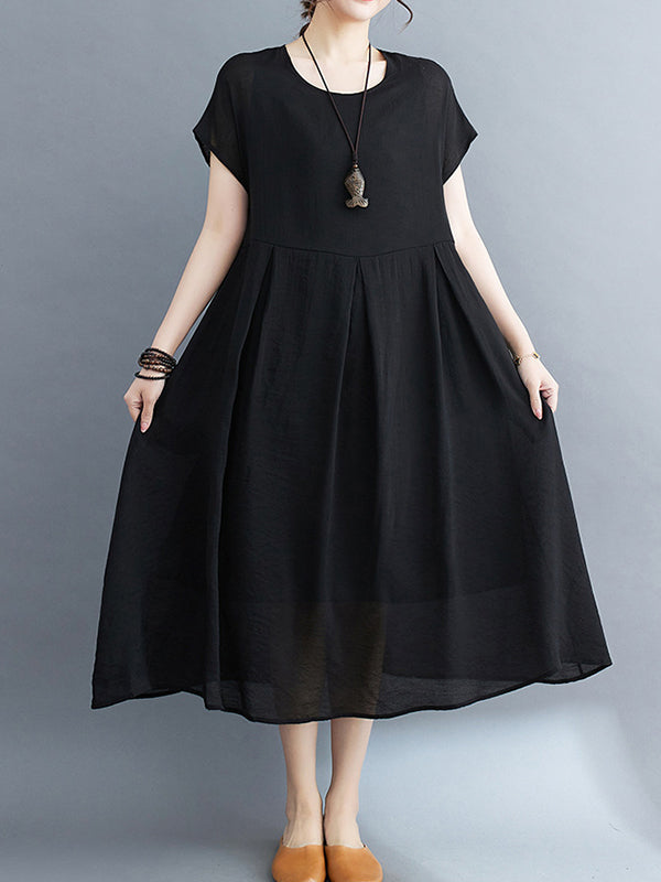 xakxx Loose Short Sleeves Solid Color Split-Joint Round-Neck Midi Dresses
