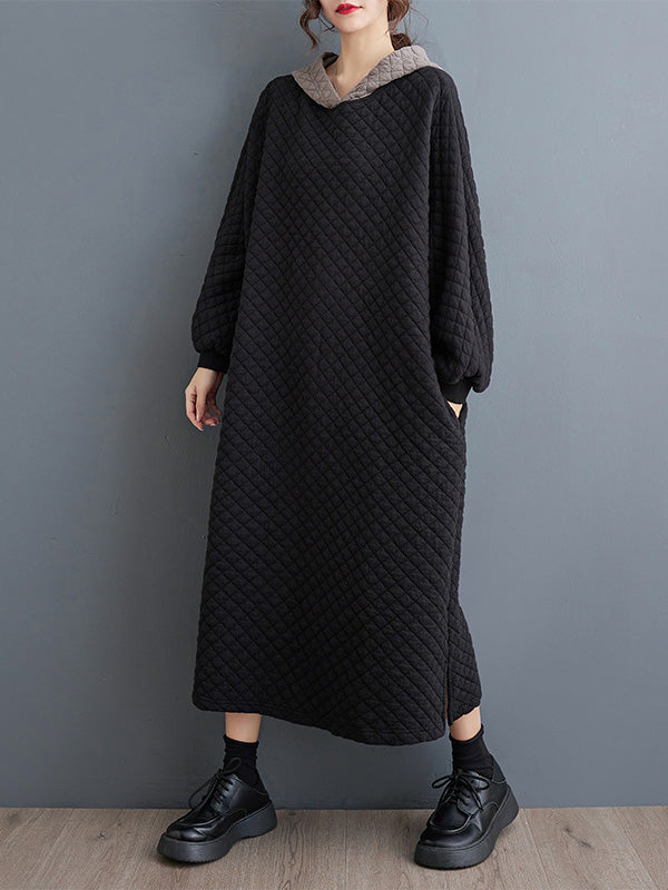 xakxx A-Line Long Sleeves Hooded Quilted Split-Side Midi Dresses