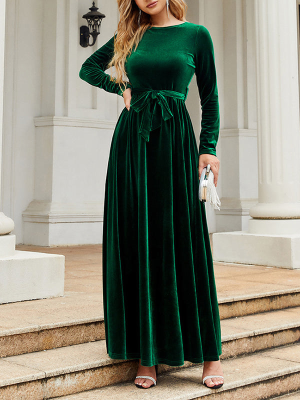 xakxx Long Sleeves Wrap Belted Pleated Solid Color Zipper Round-Neck Maxi Dresses