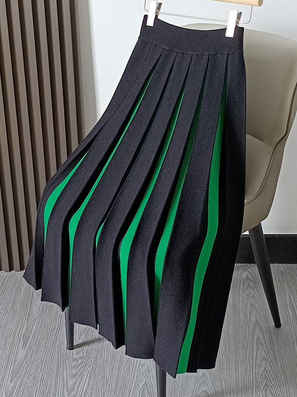 xakxx A-Line Loose Contrast Color Pleated Skirts Bottoms