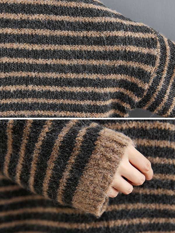 xakxx xakxx-Loose Striped High-Low Heaps Collar Long Sleeves Knitwear