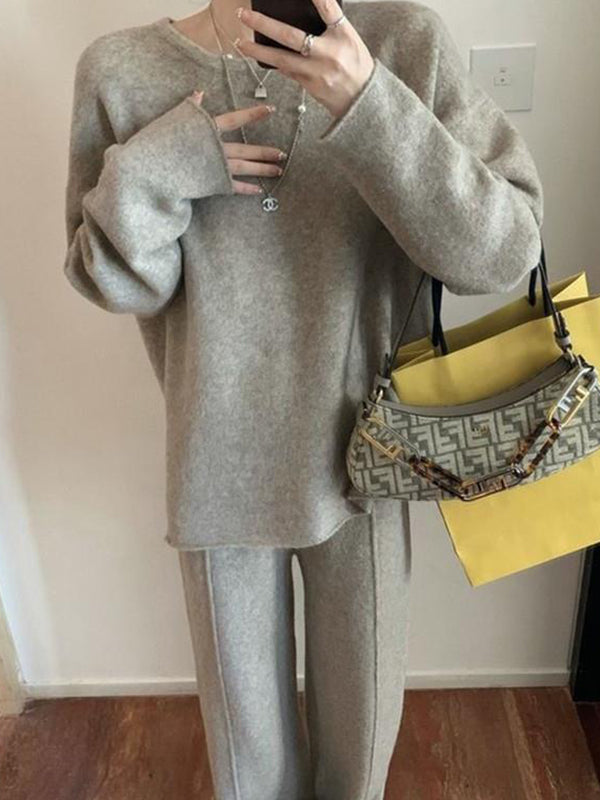 xakxx xakxx-Solid Color Long Sleeves Loose Round-Neck Three Pieces Set