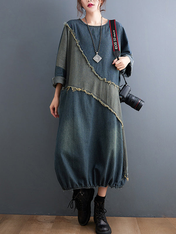 xakxx Original Loose Denim Contrast Color Round-Neck Long Sleeves Midi Dress