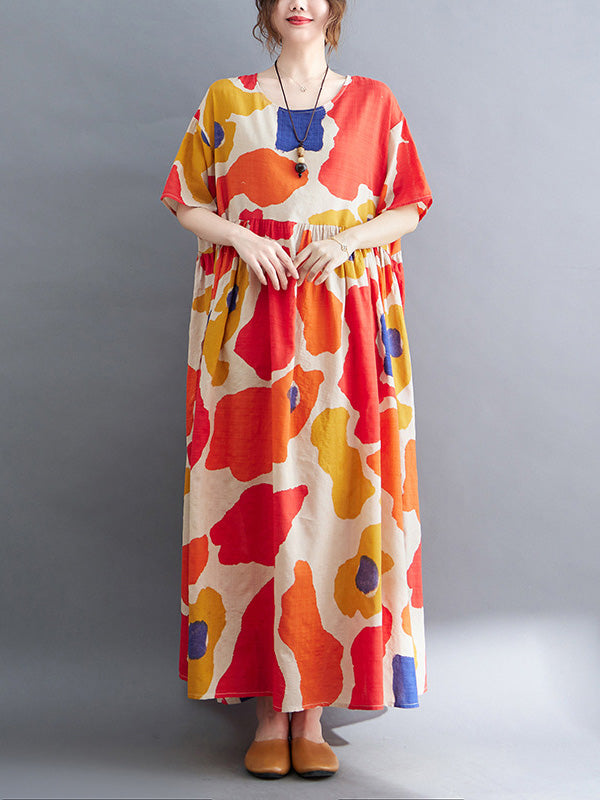 xakxx Artistic Retro Short Sleeves Loose Contrast Color Printed Round-Neck Midi Dresses