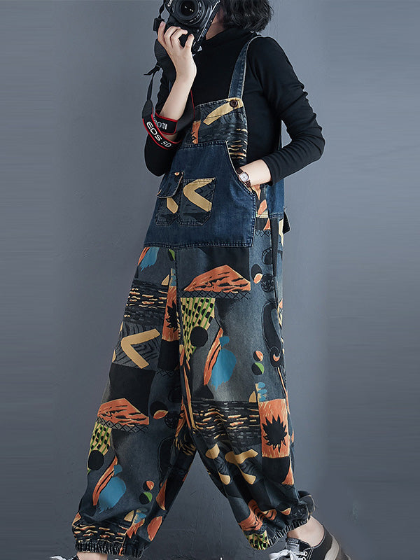 xakxx Original Cartoon Printed With Pocket Harem Denim Overalls