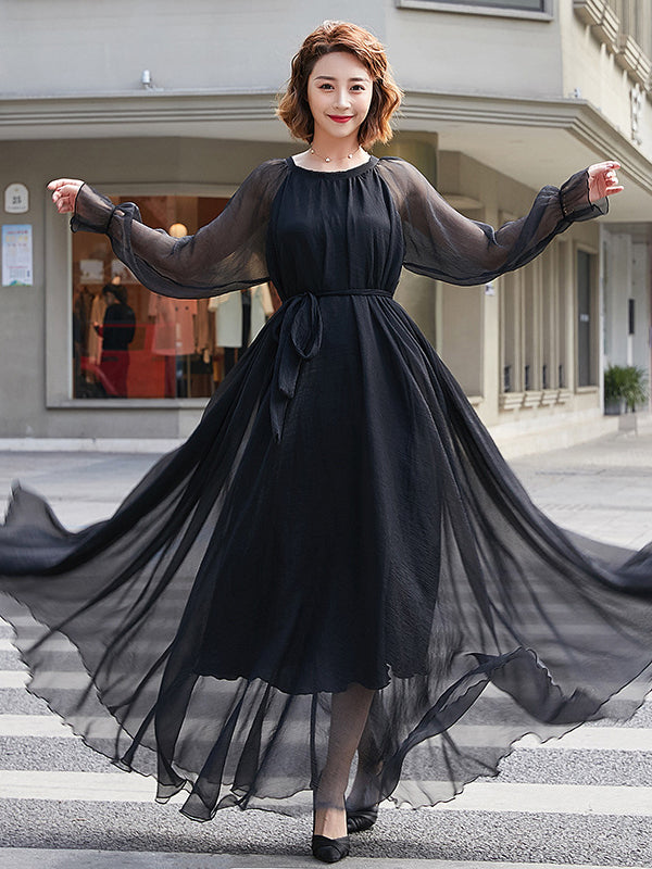 xakxx Artistic Retro Vintage Loose Solid Color Maxi Dress