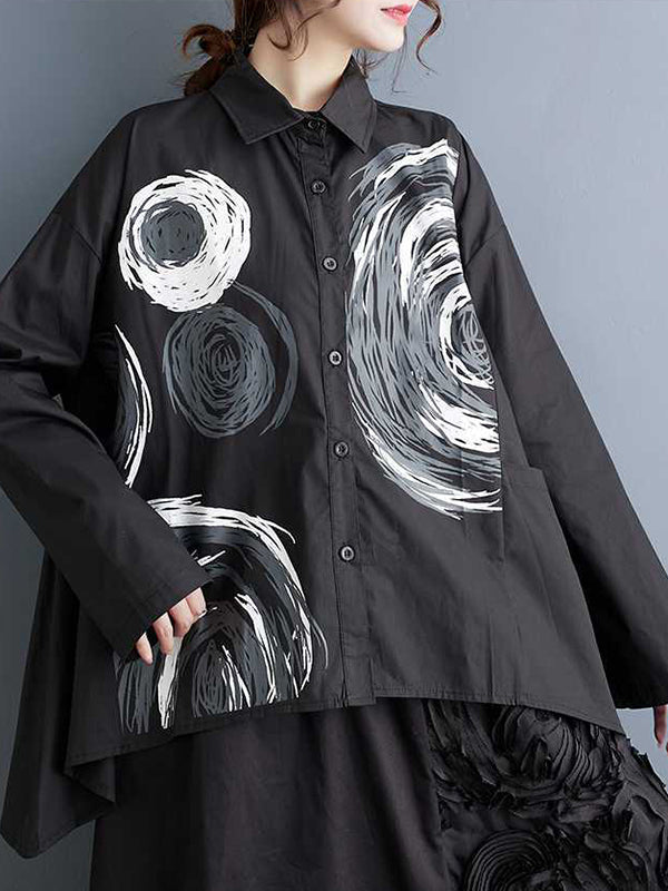 xakxx Long Sleeves Loose Asymmetric Printed Split-Joint Lapel Blouses