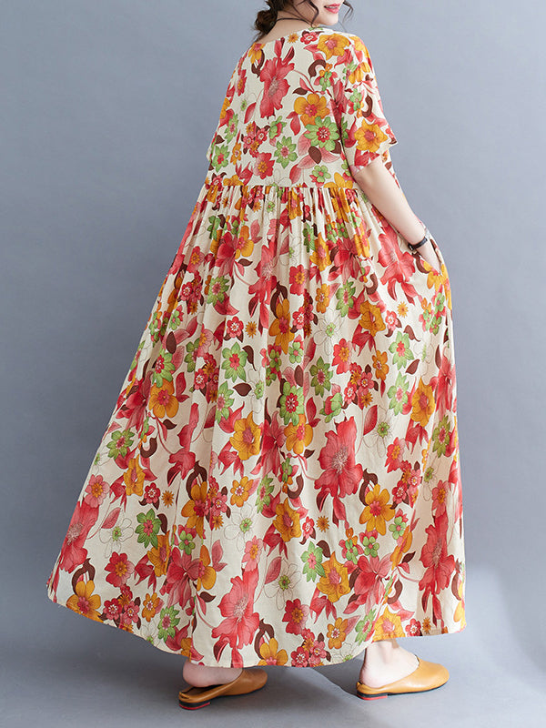 xakxx Loose Short Sleeves Pleated Printed Split-Joint Round-Neck Midi Dresses
