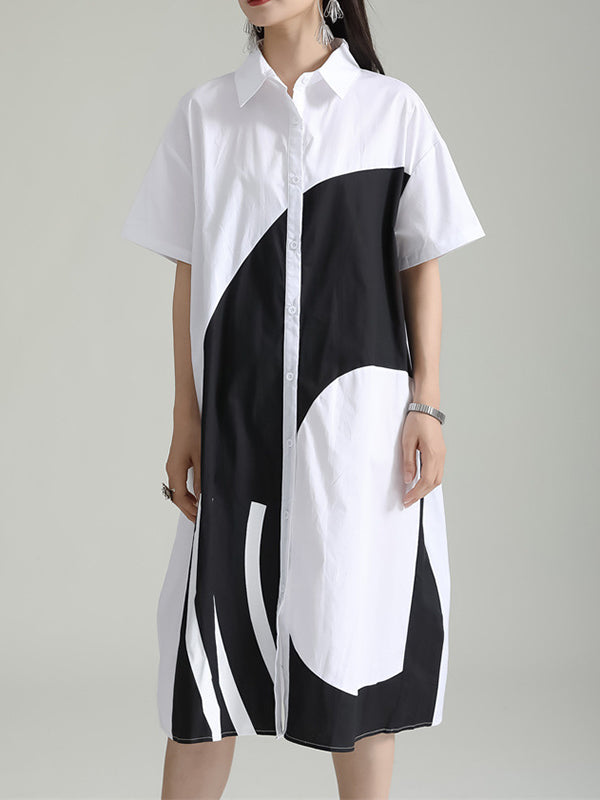 xakxx Loose Short Sleeves Asymmetric Contrast Color Split-Joint Lapel Midi Dresses Shirt Dress
