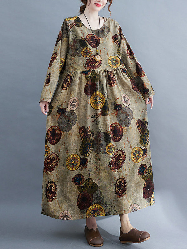 xakxx Artistic Retro Loose Long Sleeves Printed Round-Neck Maxi Dresses