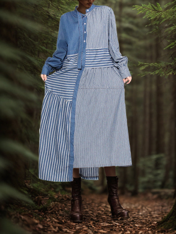 xakxx High Waisted Long Sleeves Asymmetric Buttoned Contrast Color Split-Joint Striped Tied Waist Mock Neck Midi Dresses