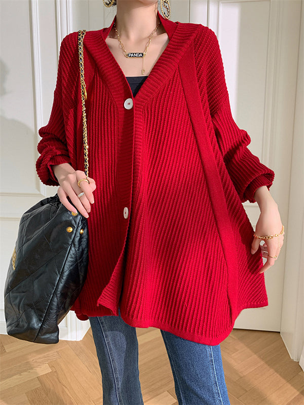 xakxx Stylish A-Line Long Sleeves Loose Solid Color V-Neck Cardigan Tops