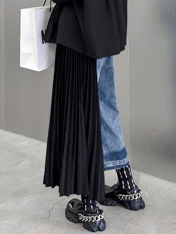 xakxx Loose Ninth Pants Contrast Color Pleated Split-Joint Jean Pants Bottoms