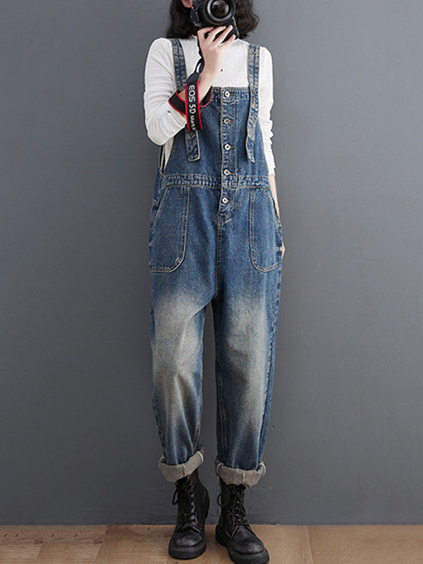 xakxx Artistic Retro Loose Solid Color Denim Overalls
