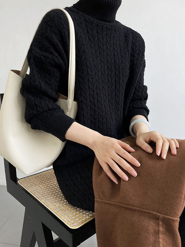 xakxx Stylish Loose Long Sleeves Solid Color High-Neck Twist Sweater Dresses