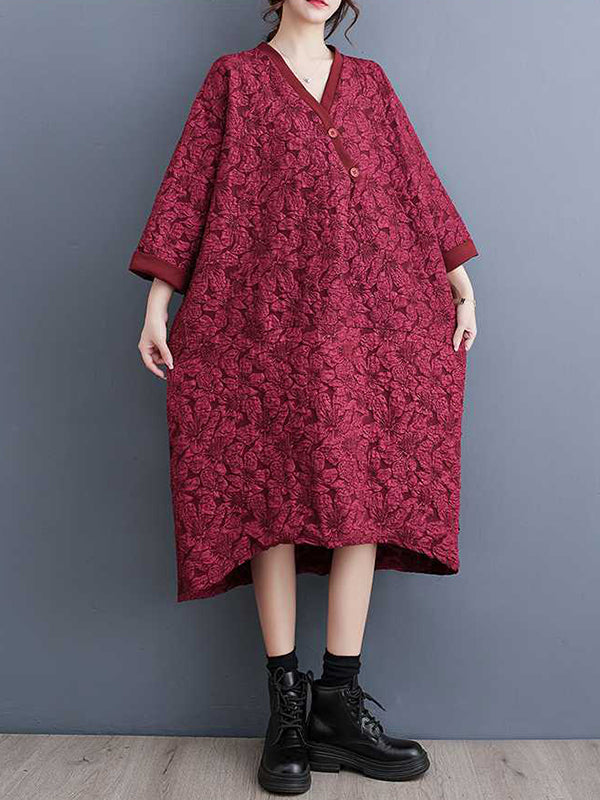 xakxx A-Line Half Sleeves Asymmetric Buttoned Jacquard V-Neck Midi Dresses