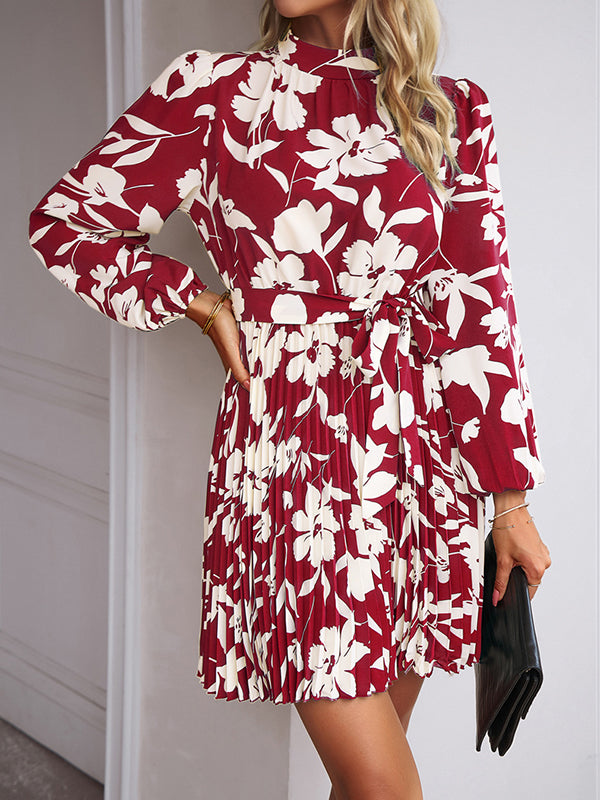 xakxx High Waisted Long Sleeves Flower Print Pleated Tied Waist Mock Neck Mini Dresses
