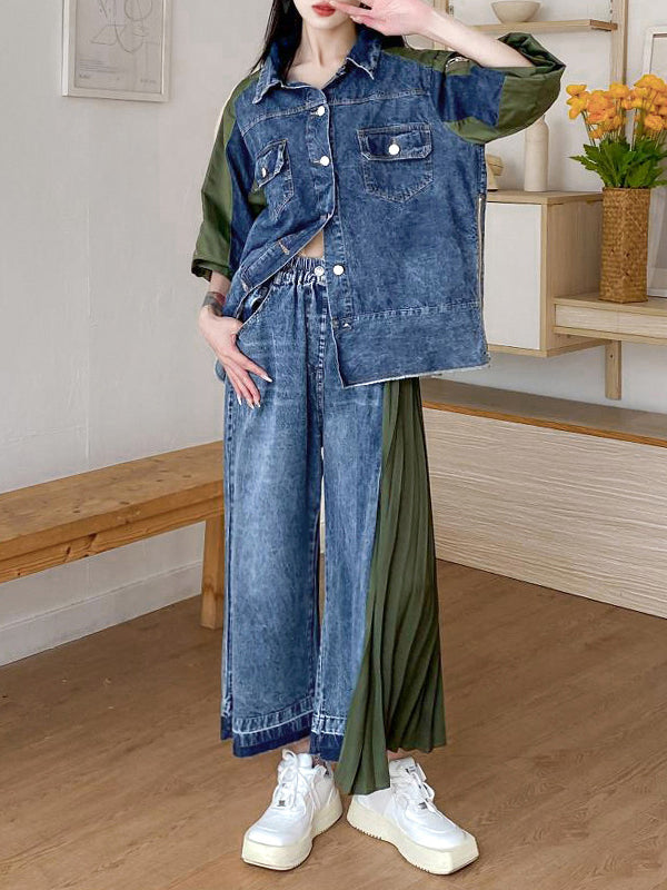 xakxx Loose Ninth Pants Contrast Color Pleated Split-Joint Jean Pants Bottoms