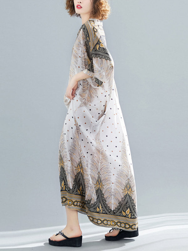 xakxx Ethnic Printed Plus Size V-Neck Batwing Sleeve Maxi Dress