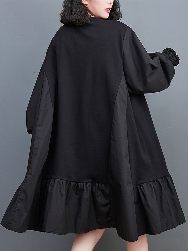 xakxx Loose Puff Sleeves Pleated Solid Color Split-Joint Round-neck Midi Dresses