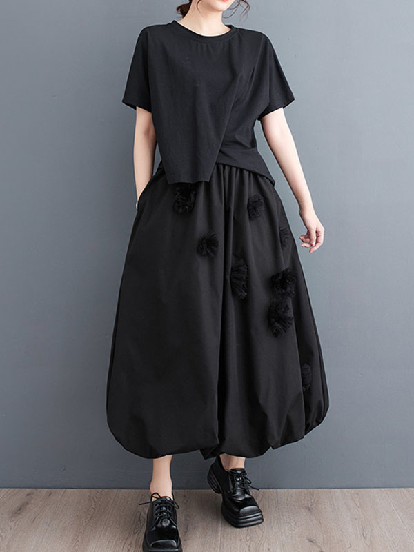 xakxx Loose Flower-Embellished Elastics Solid Color Skirts Bottoms
