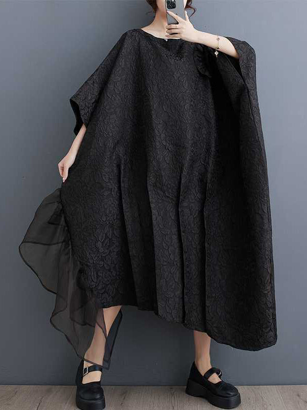 xakxx Batwing Sleeves Loose Asymmetric Flower Shape Gauze Jacquard Pleated Solid Color Split-Joint Round-Neck Midi Dresses