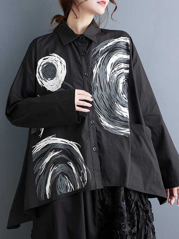 xakxx Long Sleeves Loose Asymmetric Printed Split-Joint Lapel Blouses