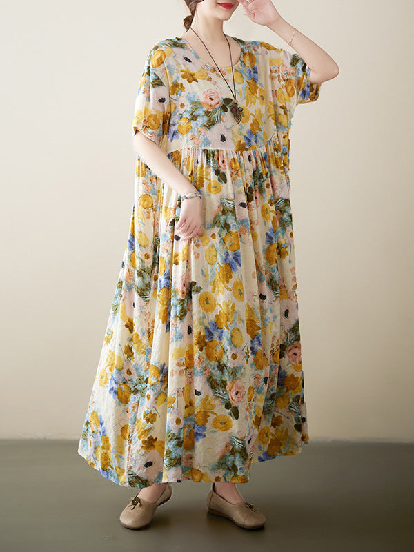 xakxx A-Line Loose Floral Printed Round-Neck Midi Dresses