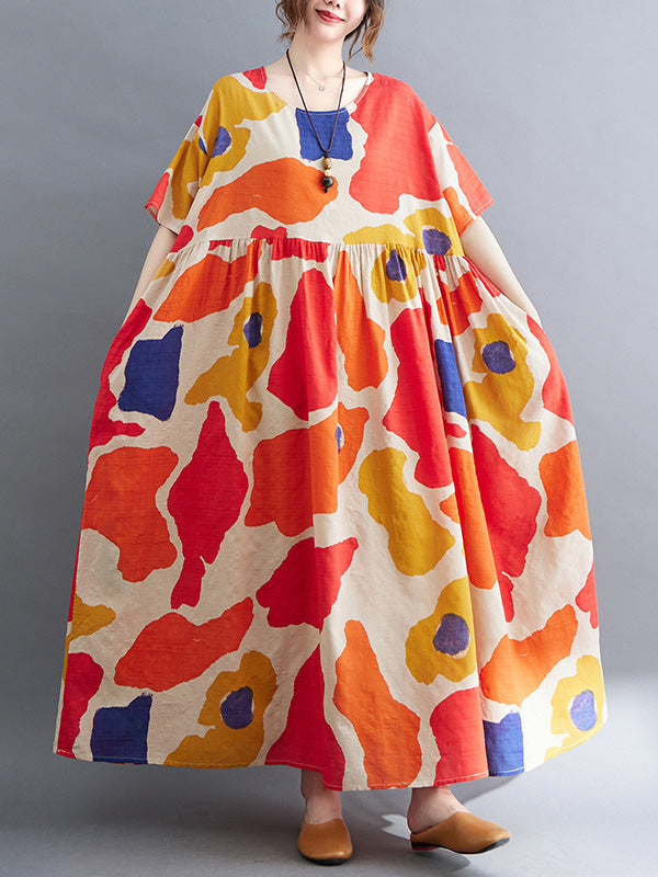 xakxx Artistic Retro Short Sleeves Loose Contrast Color Printed Round-Neck Midi Dresses