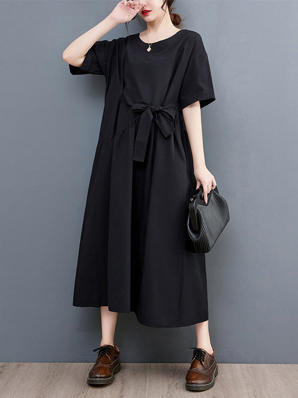 xakxx Casual Half Sleeves Loose Solid Color Round-Neck Midi Dresses