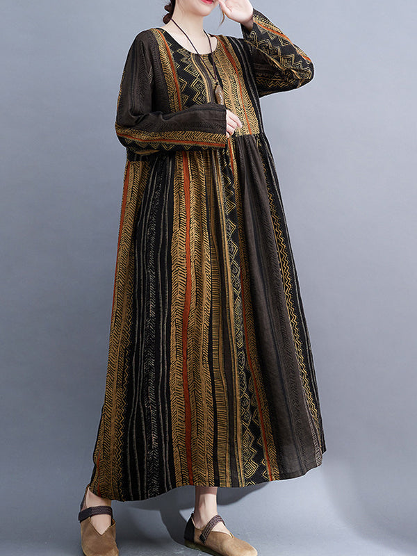 xakxx Vacation Loose Long Sleeves Contrast Color Printed Round-Neck Midi Dresses