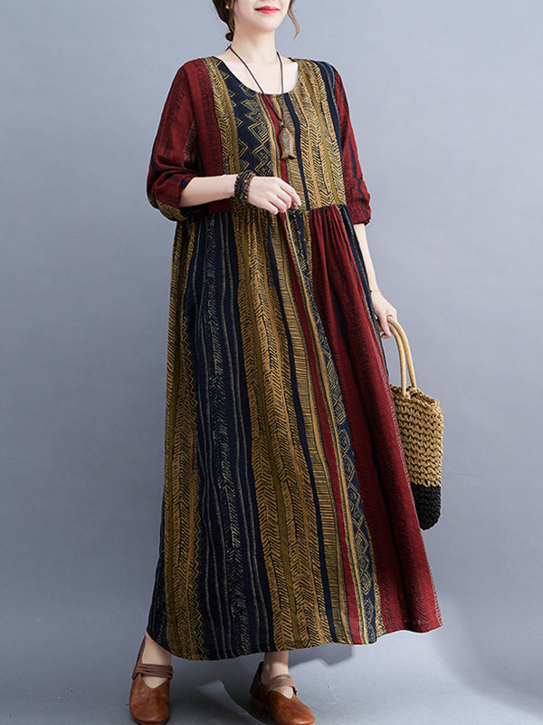 xakxx Vacation Loose Long Sleeves Contrast Color Printed Round-Neck Midi Dresses