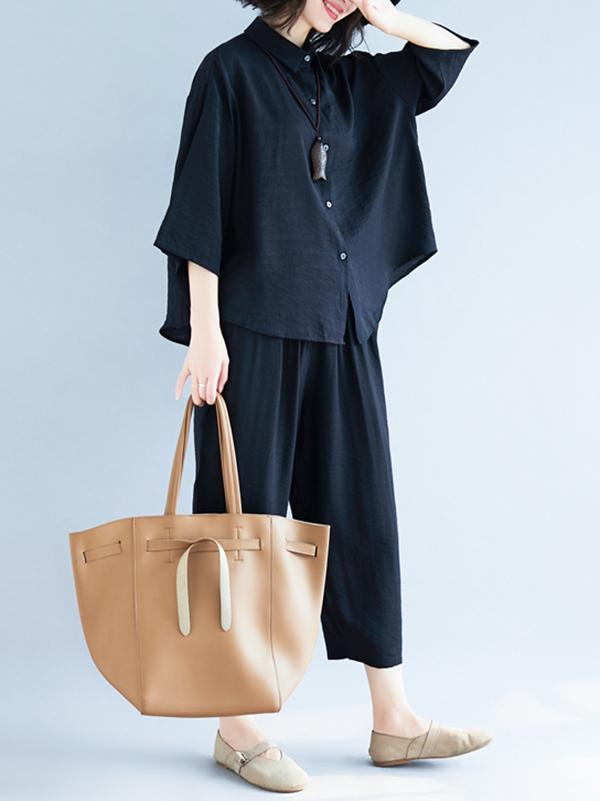 xakxx Two-Pieces Black Loose Shirt And Ninth Pants Suit